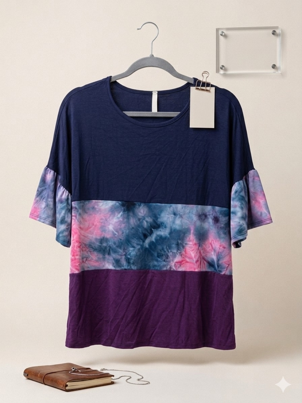 Celeste Navy Tie-Dye Colorblock Short Sleeve Tee